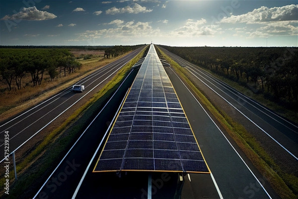 Fototapeta Highway covered with Solar Panels roof for green energy against climate change , illustration, generative Ai