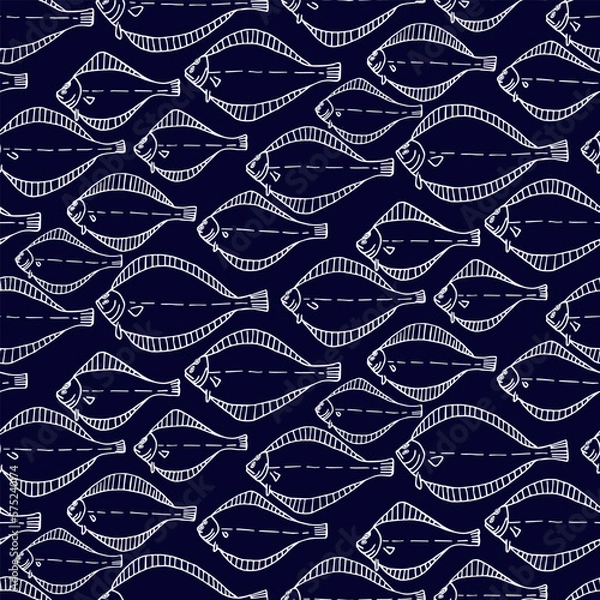 Fototapeta Fish flounder pattern hand drawing. A simple pattern with fish on a blue background. For print.
