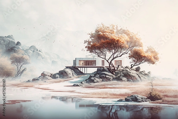 Fototapeta a watercolor landscape with a modern and minimalist twist, using creative design elements such as the use of negative space and clean lines. Generative AI