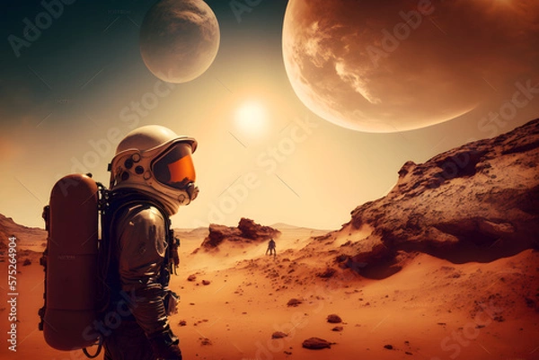 Fototapeta Mars collage with explorer discovering the planet made with Generative AI