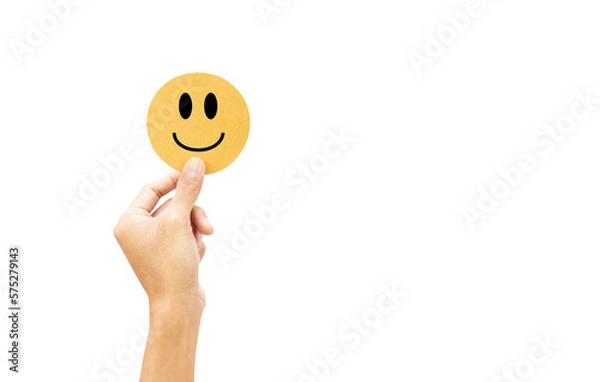 Fototapeta Customer showing rating feedback review with happy smile paper cut, customer satisfaction survey transparent background and PNG file