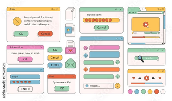 Fototapeta Set of retro stickers. 90s retro vaporwave old desktop user interface elements. Cute nostalgic computer ui, vintage aesthetic icons and windows vector set. stock stylish graphics. Dialog window.