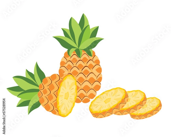 Obraz Pineapple fruit, whole and half. Vector illustration cartoon flat icon isolated on white background.