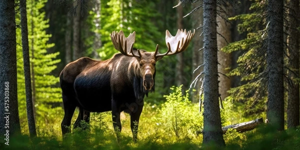 Obraz Majestic Moose Walking in the Forest with Enormous Antlers (created with Generative AI)