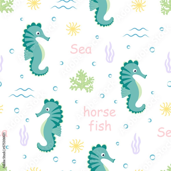 Obraz cartoon flat seamless pattern with cute seahorse