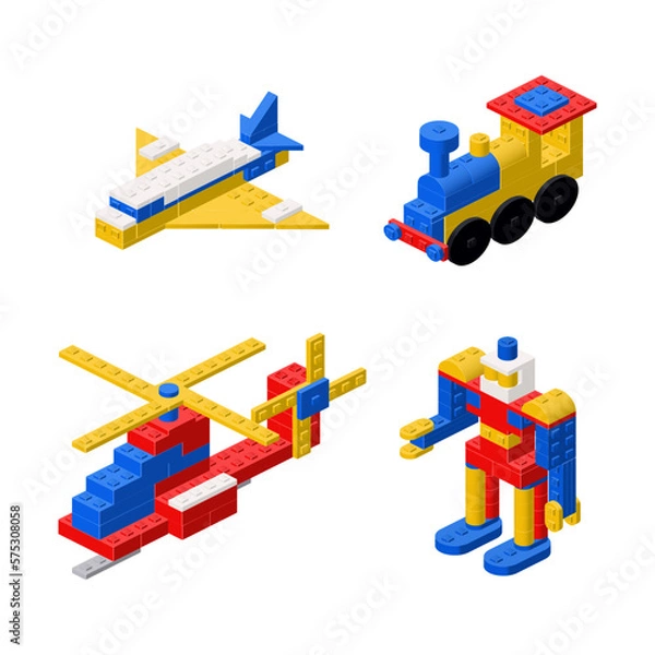 Obraz Objects built from plastic blocks, a helicopter, an airplane, a locomotive and a robot. Vector clipart
