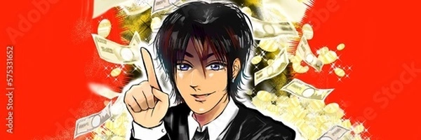 Obraz 怪しい儲け話をほくそ笑みながら持ち掛ける2000年代風ホストの漫画ワイドサイズイラスト