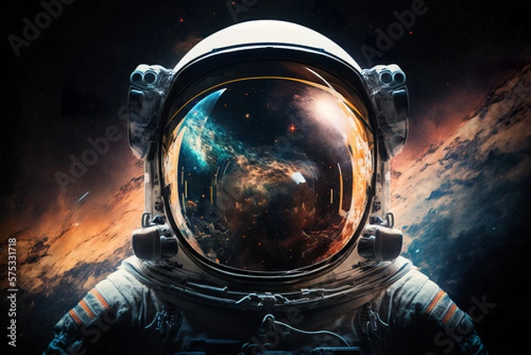 Obraz Front view astronaut potrait. Astronaut in space suit with galaxy and nebula reflection in helmet glass. Illustration. Generative AI.