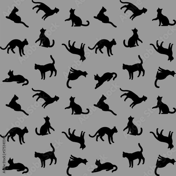 Fototapeta Cats, kittens. Cat seamless pattern background, silhouette, wallpaper, interior, vector image, halloween