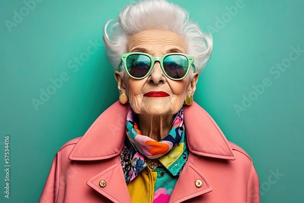 Fototapeta Happy and funny cool old lady with fashionable clothes portrait on colored background -  grandmother with extravagant style, concepts about lifestyle, seniority and elderly people. Generative AI