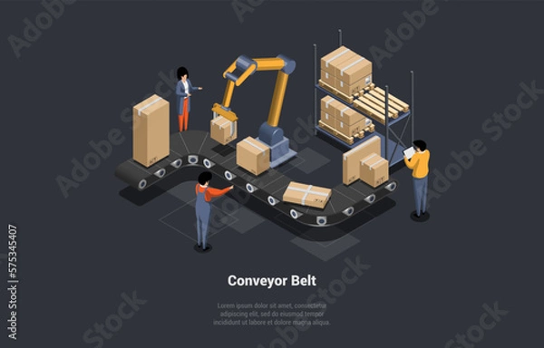 Fototapeta Factory Industrial Machine Manufacturer Robot Unit Construction Engineering Equipment With Engineer. Workers Sort Cardboard Boxes on a Conveyor Belt At Warehouse. Isometric 3d Vector Illustration
