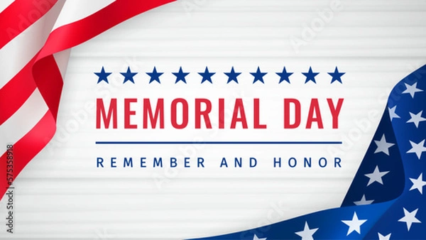Fototapeta Memorial Day - Remember and Honor Poster. U.S. Memorial Day Selebration. American national holiday. Greeting card with text and USA flag with folds on white wooden background. 3d vector illustration