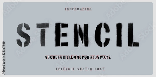 Obraz Editable stencil font with spray paint texture with mis-printed overspray. Highly detailed vector textures taken from high res scans. Compound path and optimised. Original design font