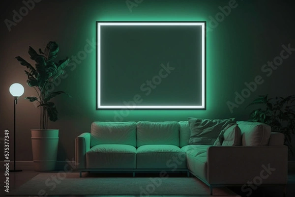 Fototapeta Modern living room with counter, with empty canvas or wall decor with neon frame in center for product presentation background or wall decor promotion, mock up