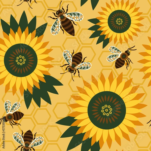 Obraz Seamless pattern with cute bees and sunflower