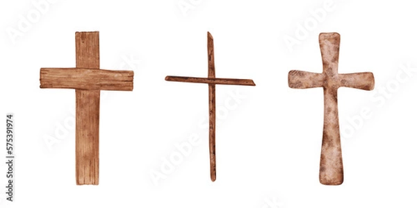 Fototapeta Set of 3 Religious crosses isolated on a transparent background. Watercolor wooden Christian cross illustration. The hand-painted catholic or orthodox symbol for the first community, and Easter.