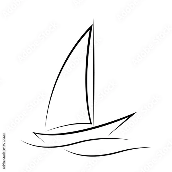 Fototapeta Outline of a ship on the waves, flat vector, isolate on white, contour drawing, silhouette