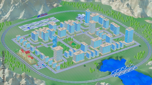 Fototapeta background stylized three-dimensional city with train cars. 3d render illustration