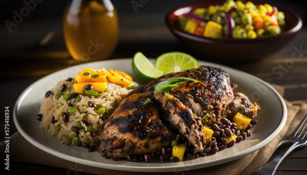 Fototapeta Jerk chicken with rice and plantains on a white plate. Generative AI