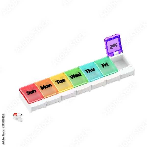 Obraz Illustration of Plastic Pharmacy Organizer for Pills for Each Day of the Week on White. A Weekly Medicine Dispenser Opened for Saturday