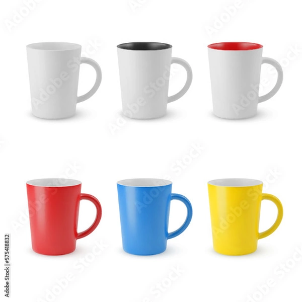 Fototapeta Illustration of Six Realistic Empty Ceramic Coffee Cup or Tea Mug. Mockup with Shadow Effect, and Copy Space for Your Design. For Web Design, and Printing on a White