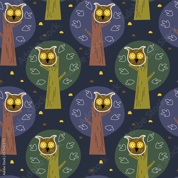 Fototapeta Seamless pattern with owls on the trees in the forest in scandinavian style. Childish print for baby clothes and interior.