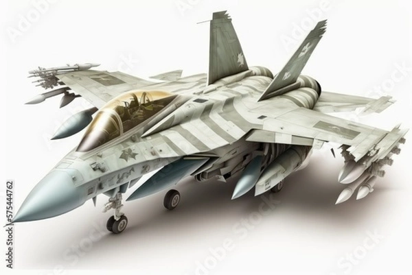 Fototapeta Fighter plane of the armed forces, isolated on white, showing current weaponry; photorealistic. Generative AI