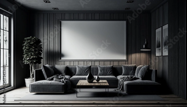 Fototapeta Poster frame mockup in wooden cozy room, Generative AI