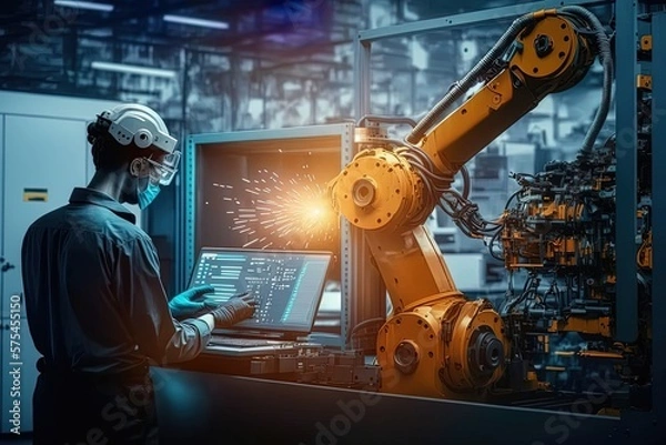 Fototapeta Engineer check and control welding robotics automatic arms machine in intelligent factory with monitoring system software. Digital manufacturing operation. Industry. Generative AI