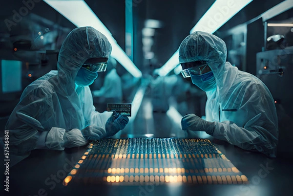Fototapeta Scientists in the lab working on cpu chip and technologies