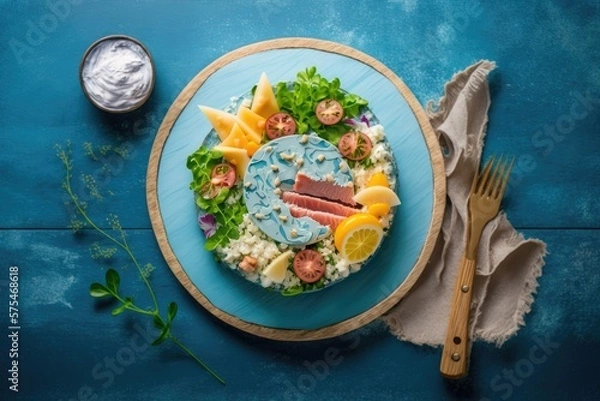 Fototapeta Vegetable and tuna salad served on a blue wooden platter. Impressive perspective. Generative AI