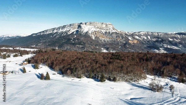 Obraz Panoramic view of snowy mountains in winter. Foggy mountains. Woods in front of the mountains.