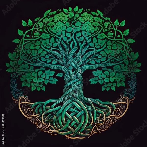 Fototapeta Celtic Tree of Life and Death Symbol in Vivid Emerald Colors, generative ai