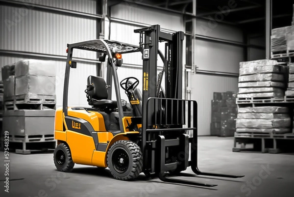 Fototapeta Forklift loader, pallet stacker truckk equipment in a warehouse, generative ai
