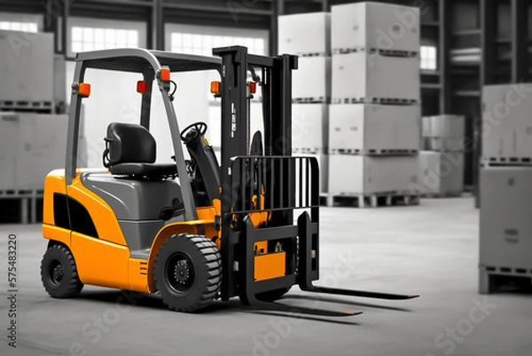 Fototapeta Forklift loader, pallet stacker truckk equipment in a warehouse, generative ai