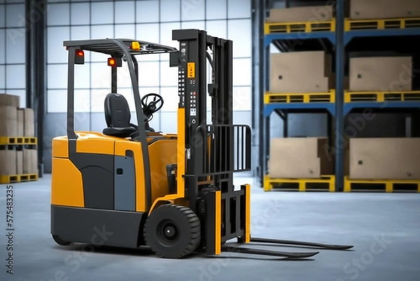 Fototapeta Forklift loader, pallet stacker truckk equipment in a warehouse, generative ai