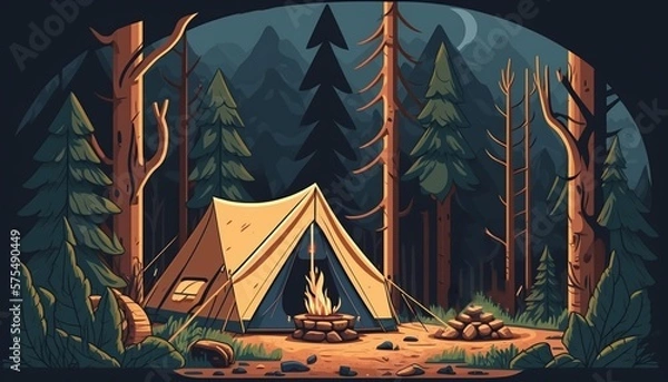 Obraz Vector Style Flat Illustration of Empty Campsite with Tent and Campfire. Equipment for Adventure Tourism. Bushcraft or Backpacking Camp [Storybook, Fantasy, Historic, Cartoon Scene.]
