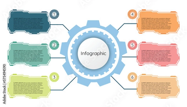 Fototapeta Infographic template step guide for business information presentation. Vector square  elements tech style. Modern workflow diagrams. Report plan 6 topics