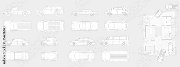Obraz Vehicle elevation and top view vector flat illustration collection ideal for architectural design