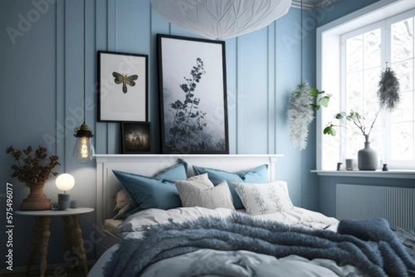Fototapeta Modern bedroom interior, simple minimalist luxury bed, light blue room design, soft sun light from window, generative ai