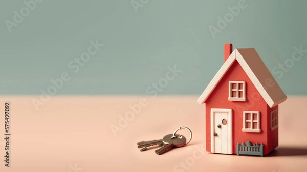 Fototapeta A mini wooden red house and keys are displayed on a simple, minimalist, pastel background with copy space for text. Generative AI.