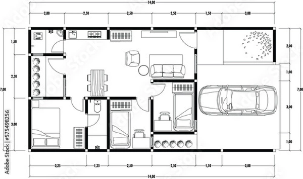 Obraz Architecture plan with furniture. home floor plan, isolated on white background, stock illustration.
