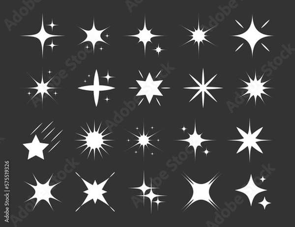 Fototapeta White sparkles symbols .The set of original stars sparkle icon. Bright firework, decoration twinkle, shiny flash. Glowing light effect stars and bursts collection
