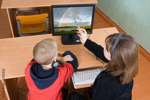 Fototapeta Schoolboys in a computer class work behind computers
