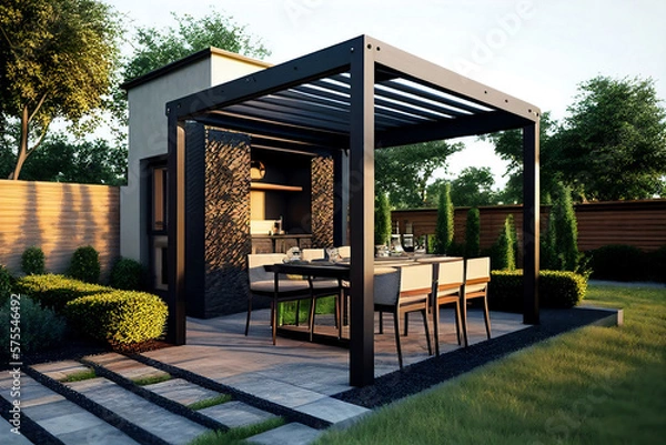 Fototapeta Modern patio furniture includes a pergola shade structure, an awning, a patio roof, a dining table, seats, and a metal grill. Generative AI