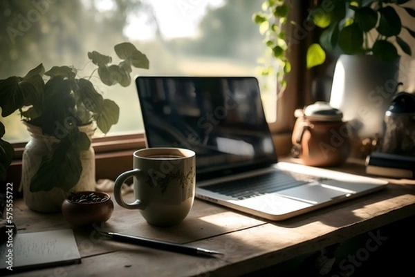 Fototapeta close-up shot of a laptop, a coffee mug, and some stationery on a wooden desk with natural light and plants in the background (AI Generated)