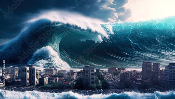 Obraz Enormous Mega Tsunami Wave approaching the city. Apocalyptic illustration. End of the world. Generative ai
