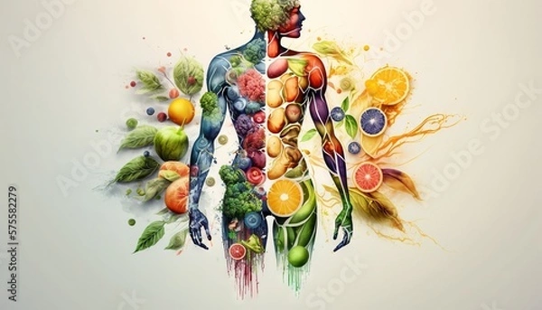 Obraz Man is made of vegetables and fruit. Vegan lifestyle concept, Healthy food fitness generative ai