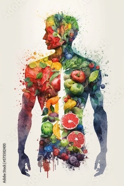Obraz Man is made of vegetables and fruit. Vegan lifestyle concept, Healthy food fitness generative ai