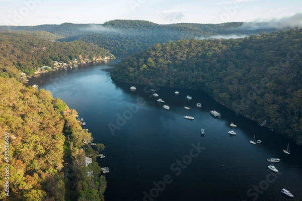 Obraz Scenic early morning aerial view of mist rising over Berowra Waters, NSW, Australia.